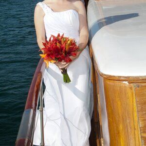 Modern One-Shoulder Chiffon and Satin Wedding Dress with Floral Beaded Waist